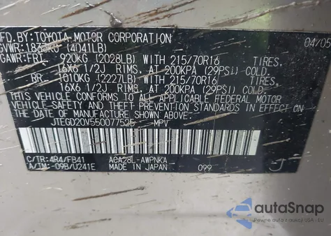 2005 Toyota Rav4 z USA, uszkodzony, nr VIN JTEGD20V550077525